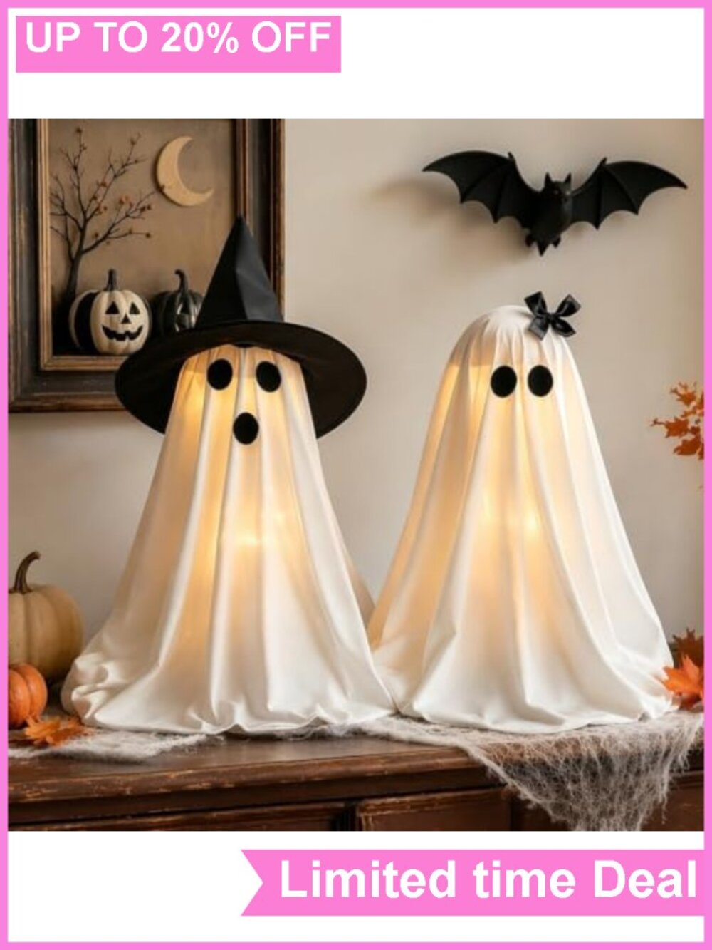 Halloween Light-Up Ghost Decor Set 2pc LED Fabric Ghosts Witch Hats Indoor